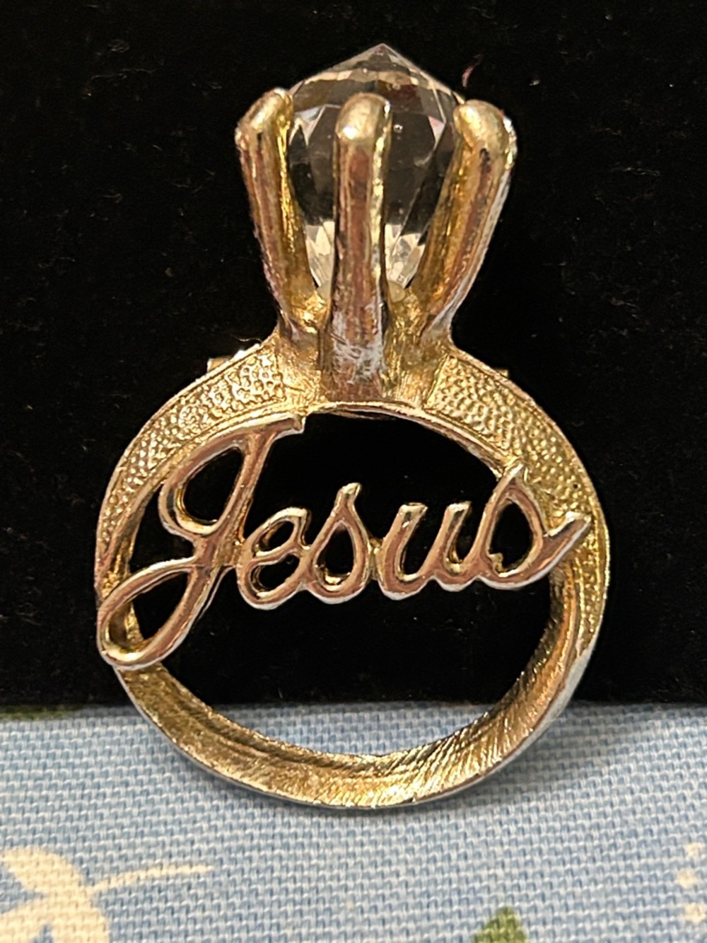 Gold-Tone 'Jesus' Script Pendant  with Crystal Accent